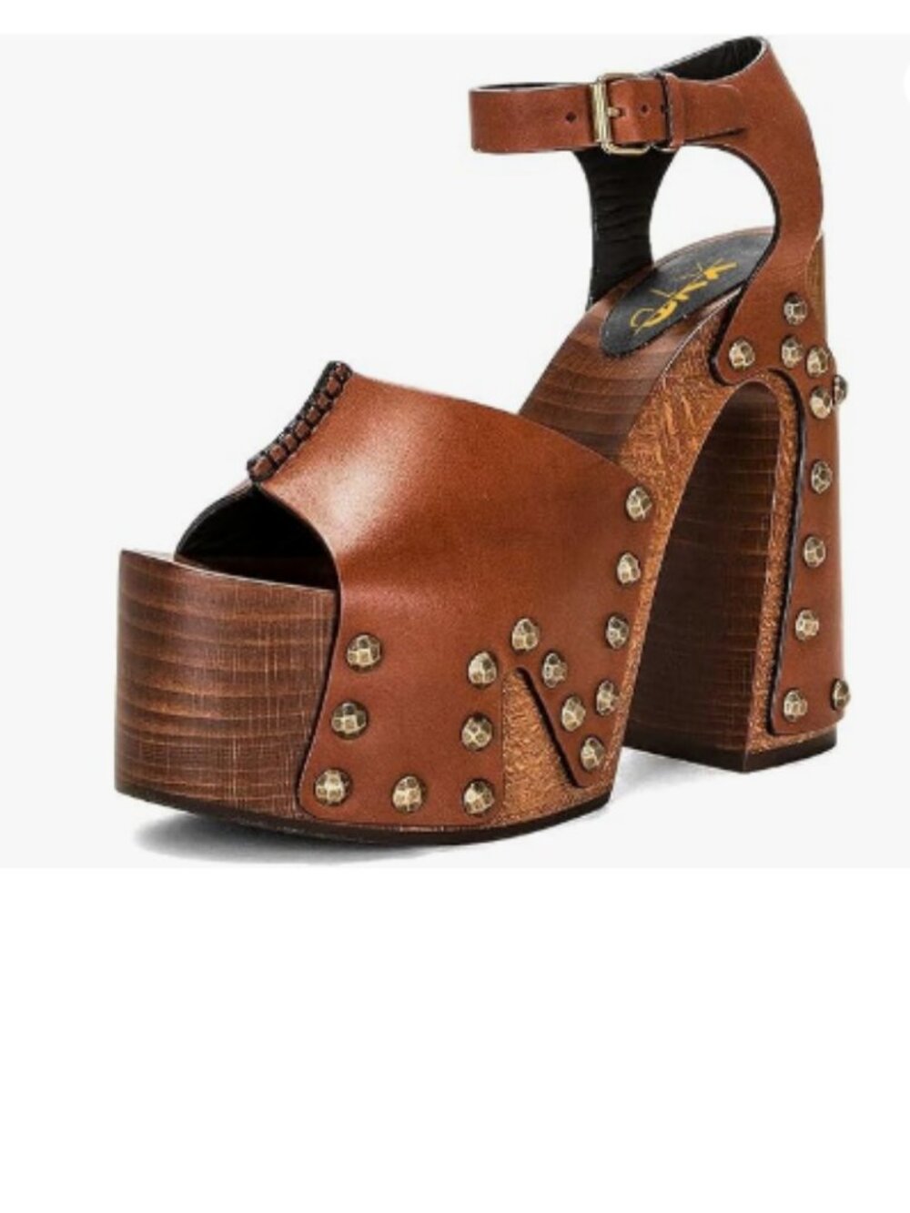 XYD Brown Wooden Block Heeled Platform Bronzed Studs Open Toe Sandals